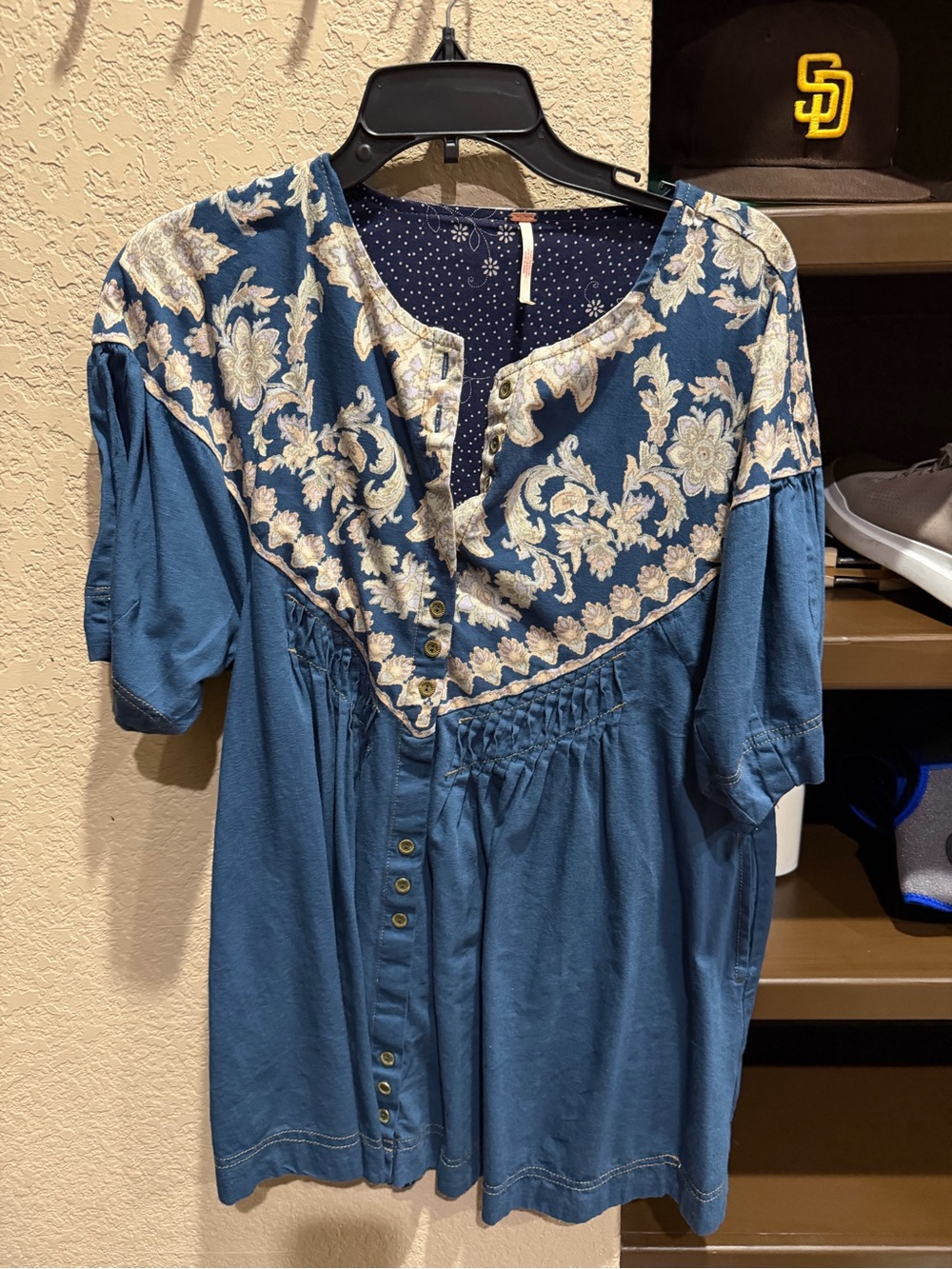 Free People Blue Floral Yoke Button-Down Top